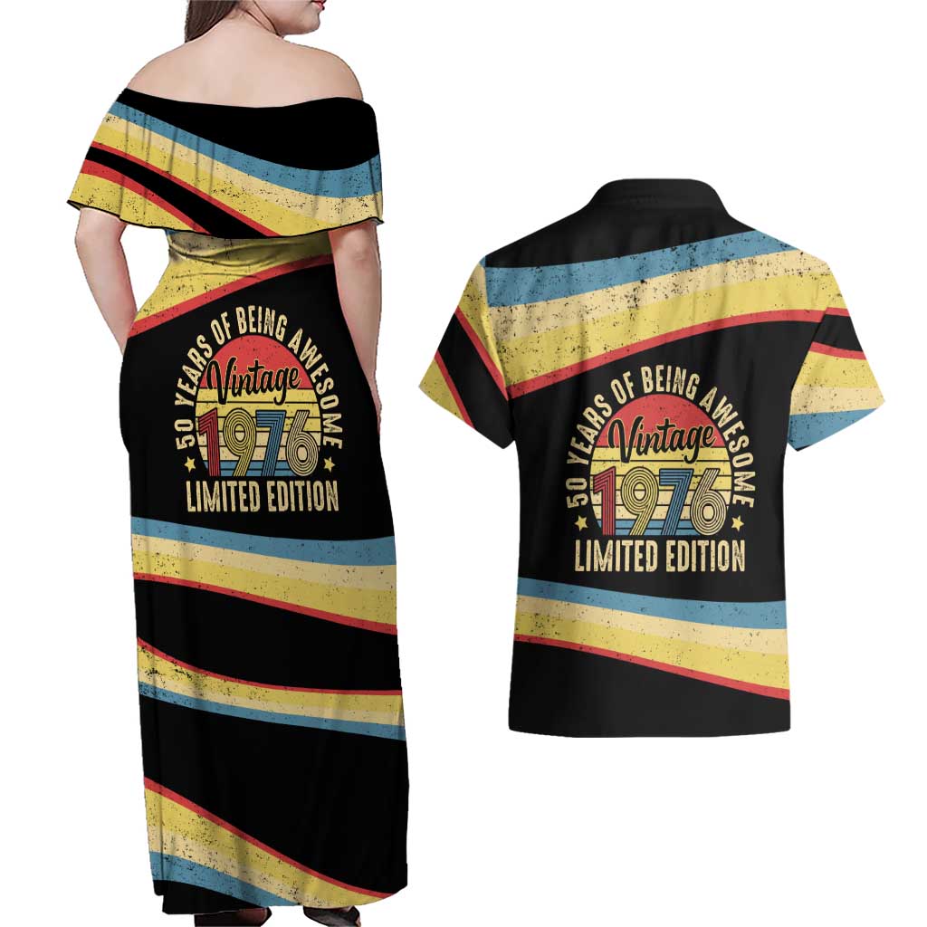 Vintage 1976 Birthday Celebration Couples Matching Off Shoulder Maxi Dress and Hawaiian Shirt 50th Birthday for Him - Retro Distressed Stripe Pattern