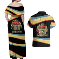 Vintage 1976 Birthday Celebration Couples Matching Off Shoulder Maxi Dress and Hawaiian Shirt 50th Birthday for Him - Retro Distressed Stripe Pattern
