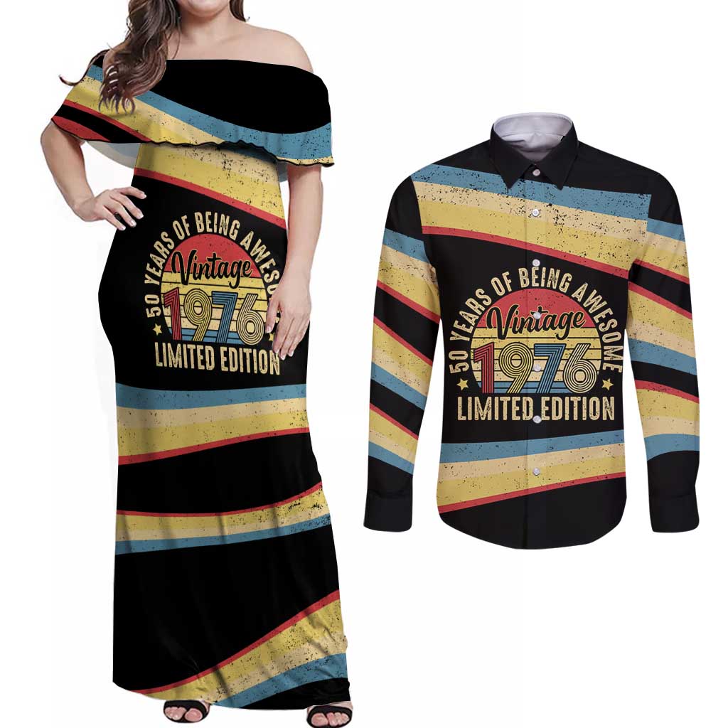 Vintage 1976 Birthday Celebration Couples Matching Off Shoulder Maxi Dress and Long Sleeve Button Shirt 50th Birthday for Him - Retro Distressed Stripe Pattern