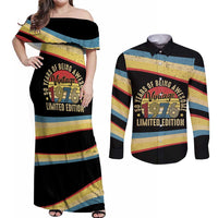 Vintage 1976 Birthday Celebration Couples Matching Off Shoulder Maxi Dress and Long Sleeve Button Shirt 50th Birthday for Him - Retro Distressed Stripe Pattern