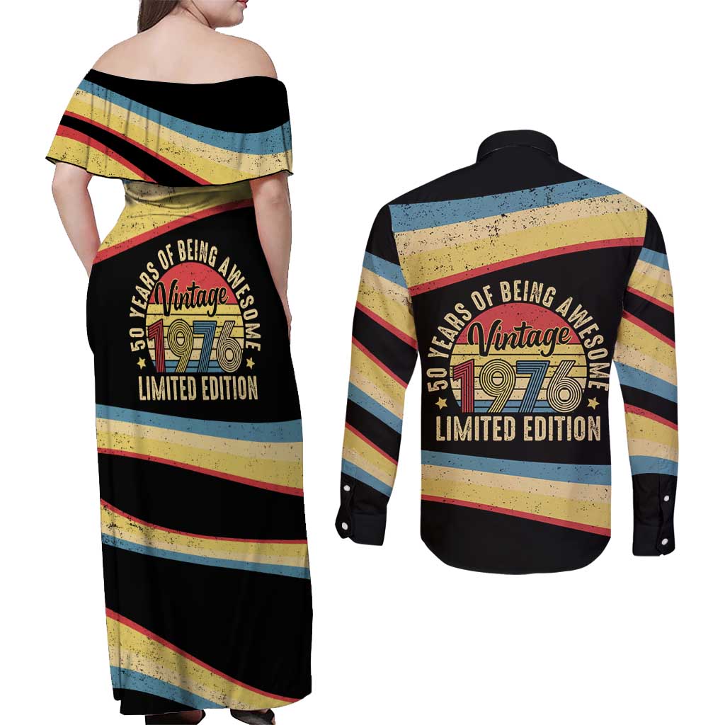 Vintage 1976 Birthday Celebration Couples Matching Off Shoulder Maxi Dress and Long Sleeve Button Shirt 50th Birthday for Him - Retro Distressed Stripe Pattern