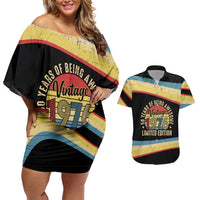 Vintage 1976 Birthday Celebration Couples Matching Off Shoulder Short Dress and Hawaiian Shirt 50th Birthday for Him - Retro Distressed Stripe Pattern