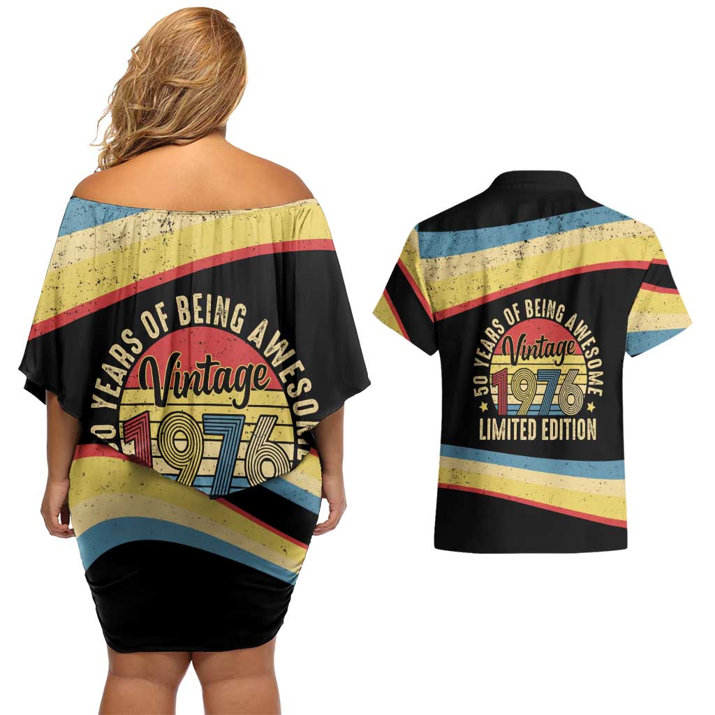 Vintage 1976 Birthday Celebration Couples Matching Off Shoulder Short Dress and Hawaiian Shirt 50th Birthday for Him - Retro Distressed Stripe Pattern