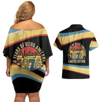 Vintage 1976 Birthday Celebration Couples Matching Off Shoulder Short Dress and Hawaiian Shirt 50th Birthday for Him - Retro Distressed Stripe Pattern