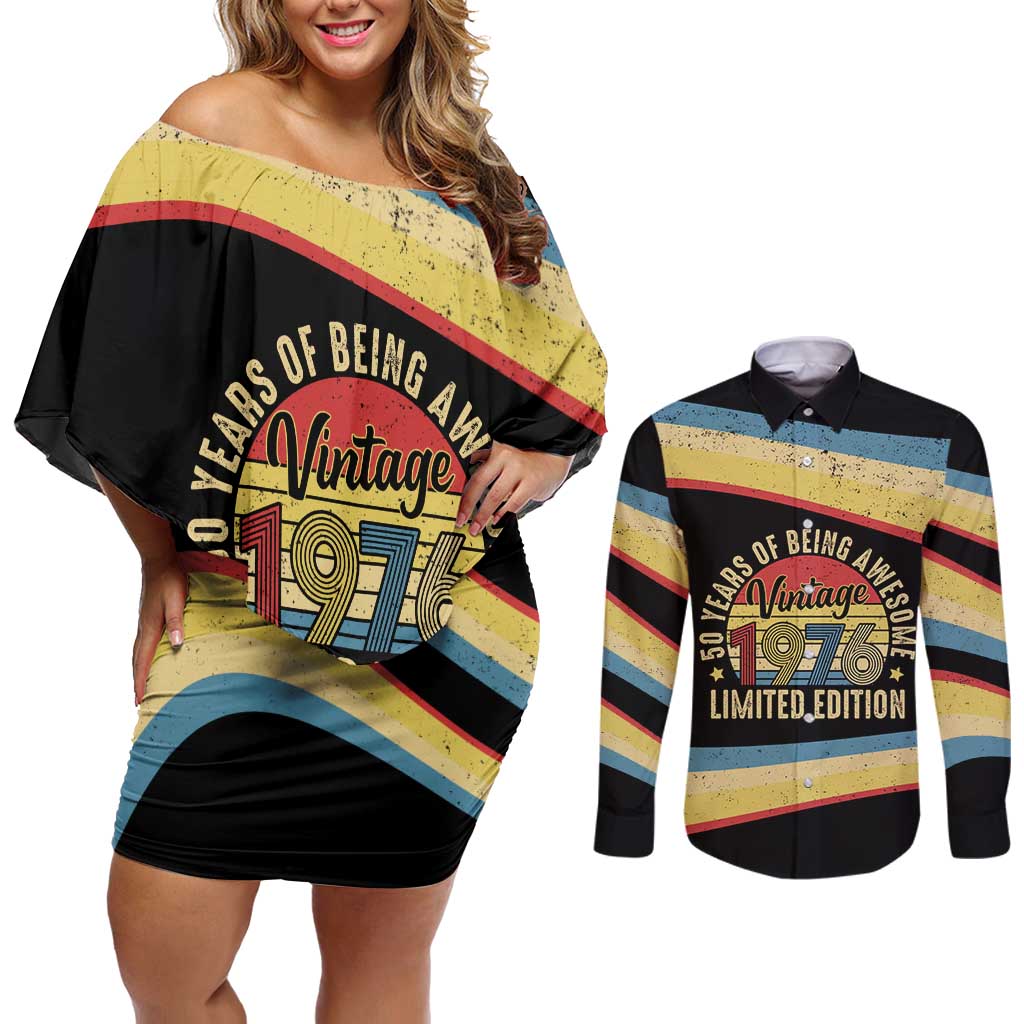 Vintage 1976 Birthday Celebration Couples Matching Off Shoulder Short Dress and Long Sleeve Button Shirt 50th Birthday for Him - Retro Distressed Stripe Pattern