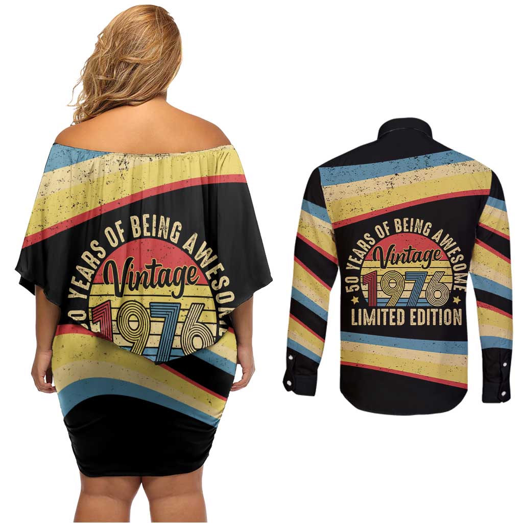 Vintage 1976 Birthday Celebration Couples Matching Off Shoulder Short Dress and Long Sleeve Button Shirt 50th Birthday for Him - Retro Distressed Stripe Pattern
