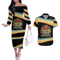 Vintage 1976 Birthday Celebration Couples Matching Off The Shoulder Long Sleeve Dress and Hawaiian Shirt 50th Birthday for Him - Retro Distressed Stripe Pattern