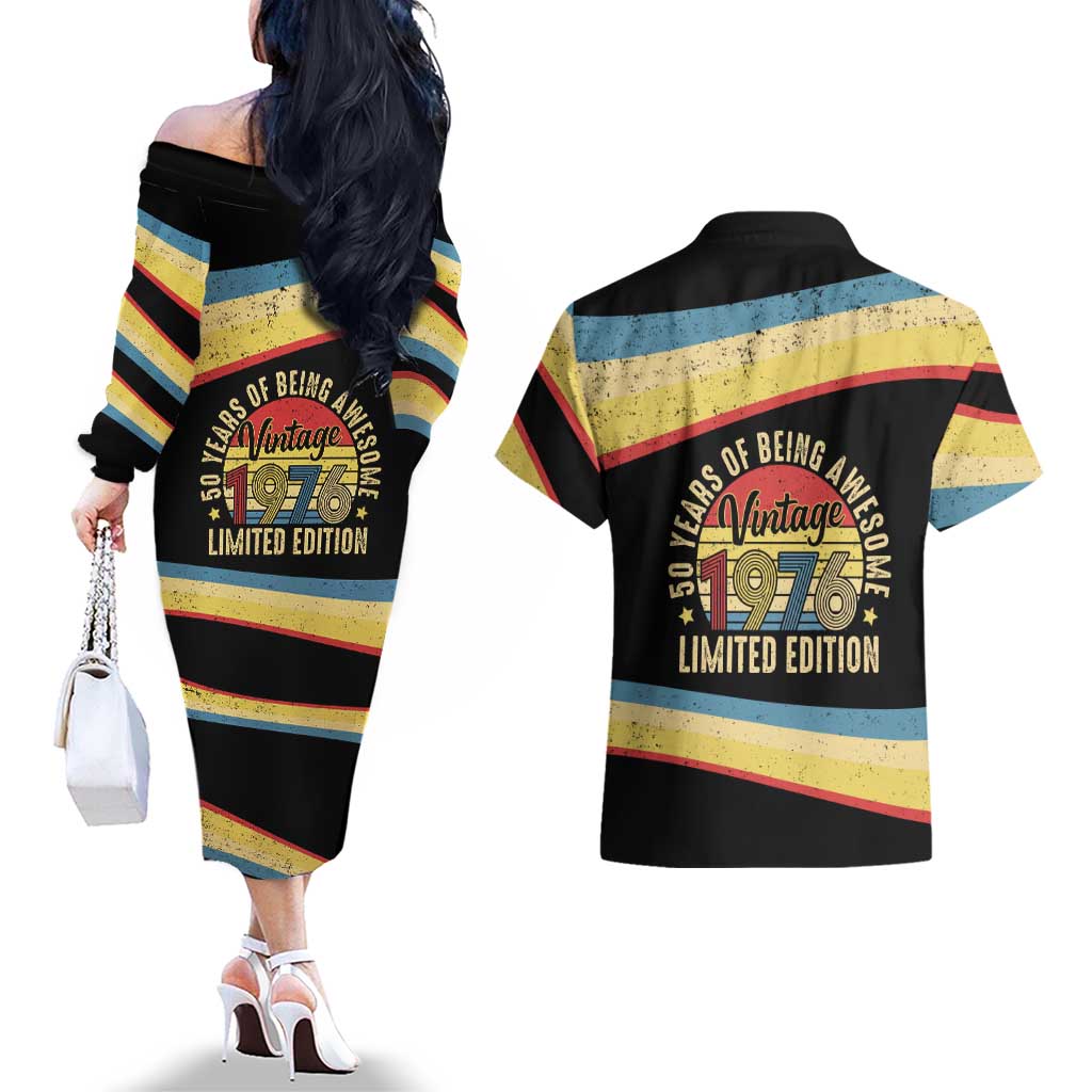 Vintage 1976 Birthday Celebration Couples Matching Off The Shoulder Long Sleeve Dress and Hawaiian Shirt 50th Birthday for Him - Retro Distressed Stripe Pattern