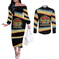 Vintage 1976 Birthday Celebration Couples Matching Off The Shoulder Long Sleeve Dress and Long Sleeve Button Shirt 50th Birthday for Him - Retro Distressed Stripe Pattern