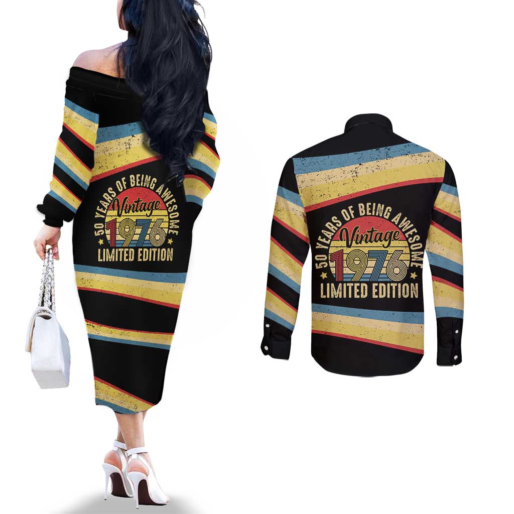 Vintage 1976 Birthday Celebration Couples Matching Off The Shoulder Long Sleeve Dress and Long Sleeve Button Shirt 50th Birthday for Him - Retro Distressed Stripe Pattern