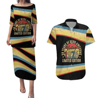 Vintage 1976 Birthday Celebration Couples Matching Puletasi and Hawaiian Shirt 50th Birthday for Him - Retro Distressed Stripe Pattern