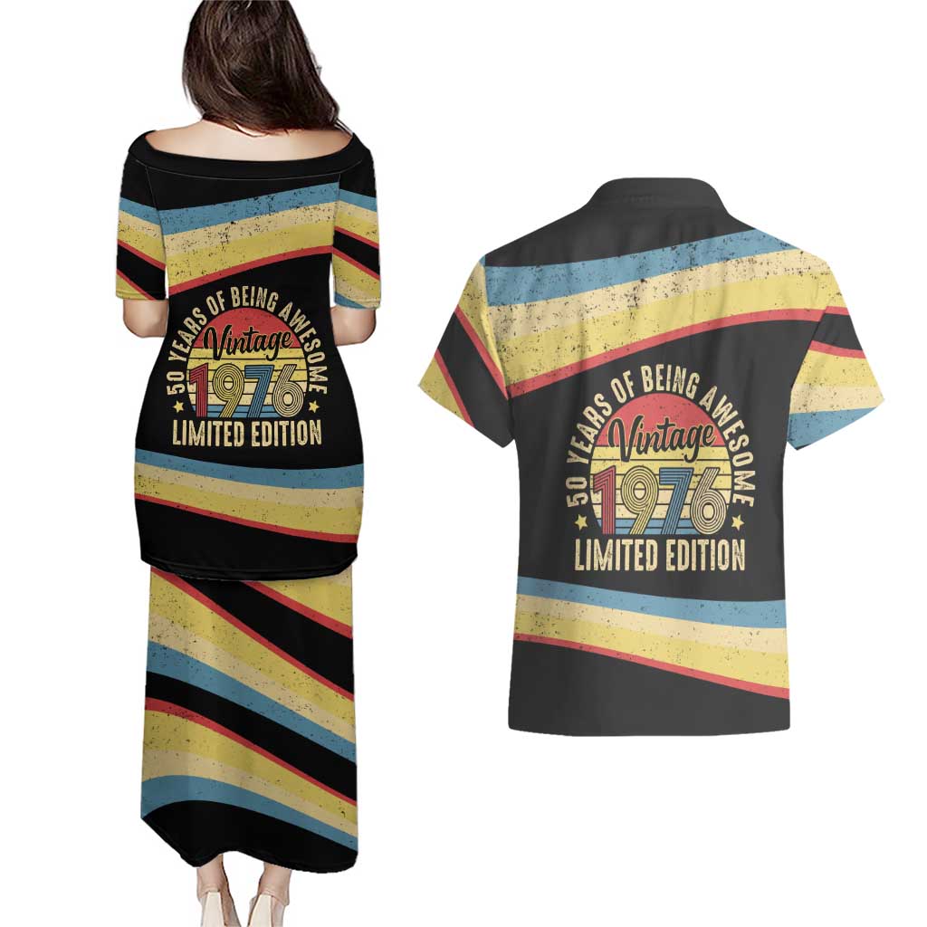 Vintage 1976 Birthday Celebration Couples Matching Puletasi and Hawaiian Shirt 50th Birthday for Him - Retro Distressed Stripe Pattern