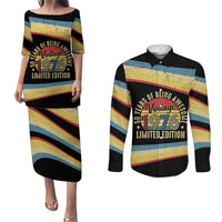 Vintage 1976 Birthday Celebration Couples Matching Puletasi and Long Sleeve Button Shirt 50th Birthday for Him - Retro Distressed Stripe Pattern