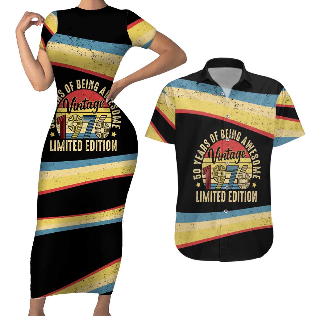 Vintage 1976 Birthday Celebration Couples Matching Short Sleeve Bodycon Dress and Hawaiian Shirt 50th Birthday for Him - Retro Distressed Stripe Pattern