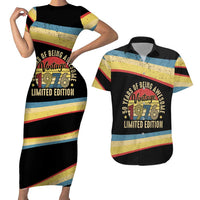 Vintage 1976 Birthday Celebration Couples Matching Short Sleeve Bodycon Dress and Hawaiian Shirt 50th Birthday for Him - Retro Distressed Stripe Pattern