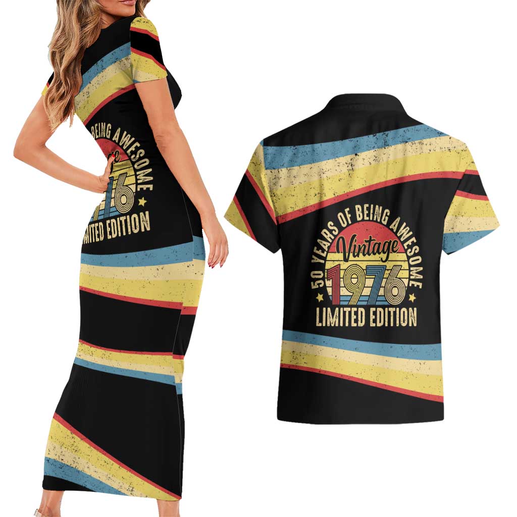 Vintage 1976 Birthday Celebration Couples Matching Short Sleeve Bodycon Dress and Hawaiian Shirt 50th Birthday for Him - Retro Distressed Stripe Pattern