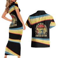 Vintage 1976 Birthday Celebration Couples Matching Short Sleeve Bodycon Dress and Hawaiian Shirt 50th Birthday for Him - Retro Distressed Stripe Pattern