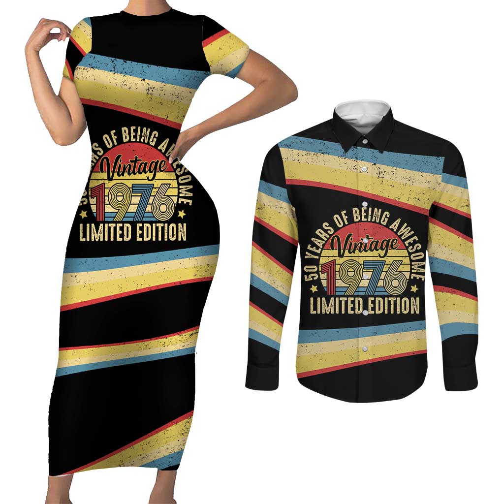 Vintage 1976 Birthday Celebration Couples Matching Short Sleeve Bodycon Dress and Long Sleeve Button Shirt 50th Birthday for Him - Retro Distressed Stripe Pattern