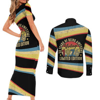 Vintage 1976 Birthday Celebration Couples Matching Short Sleeve Bodycon Dress and Long Sleeve Button Shirt 50th Birthday for Him - Retro Distressed Stripe Pattern