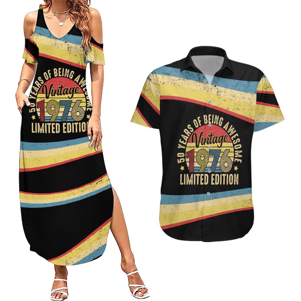 Vintage 1976 Birthday Celebration Couples Matching Summer Maxi Dress and Hawaiian Shirt 50th Birthday for Him - Retro Distressed Stripe Pattern