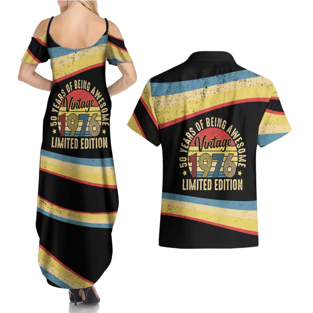Vintage 1976 Birthday Celebration Couples Matching Summer Maxi Dress and Hawaiian Shirt 50th Birthday for Him - Retro Distressed Stripe Pattern