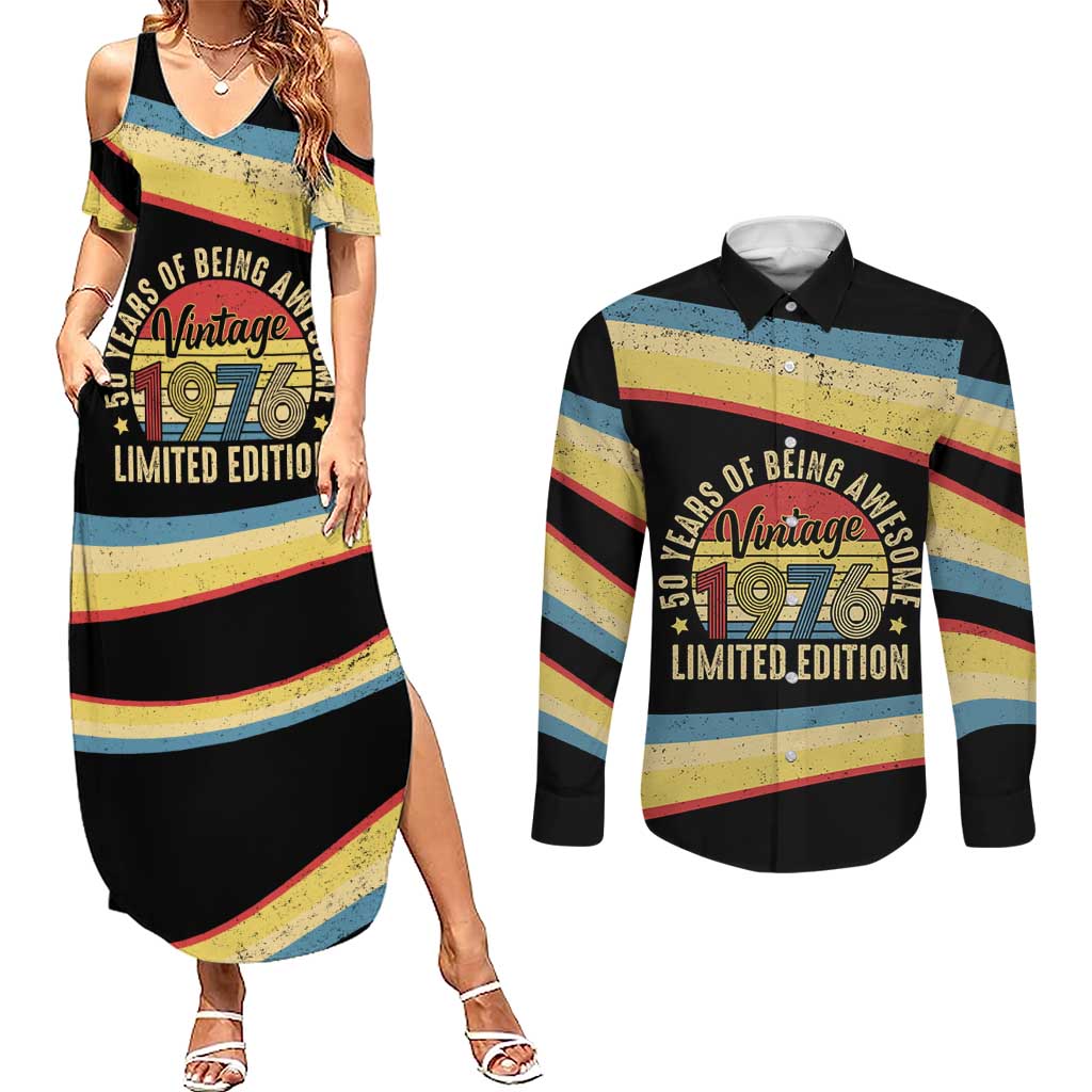 Vintage 1976 Birthday Celebration Couples Matching Summer Maxi Dress and Long Sleeve Button Shirt 50th Birthday for Him - Retro Distressed Stripe Pattern