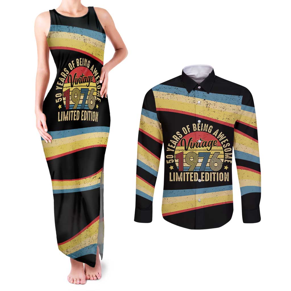 Vintage 1976 Birthday Celebration Couples Matching Tank Maxi Dress and Long Sleeve Button Shirt 50th Birthday for Him - Retro Distressed Stripe Pattern
