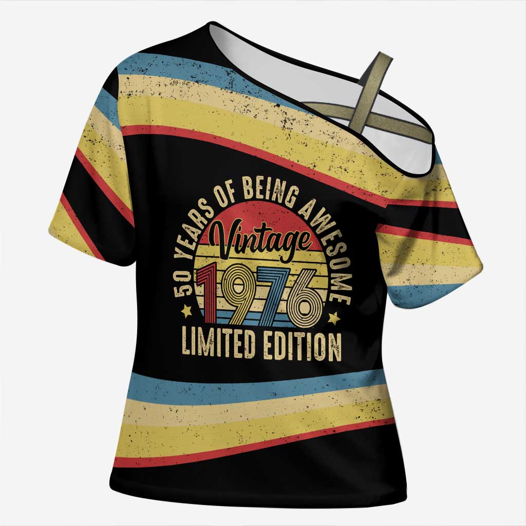 Vintage 1976 Birthday Celebration Cross Shoulder Shirt 50th Birthday for Him - Retro Distressed Stripe Pattern