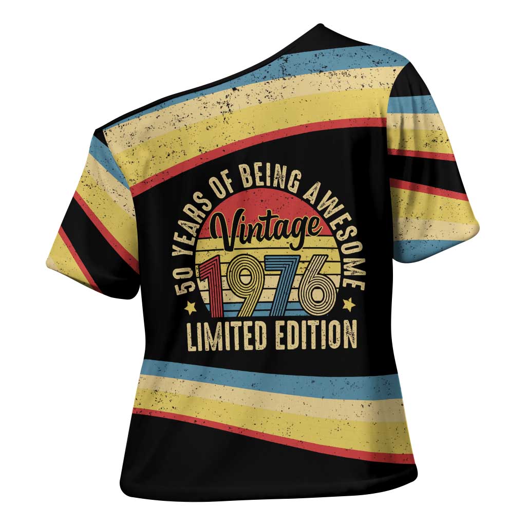 Vintage 1976 Birthday Celebration Cross Shoulder Shirt 50th Birthday for Him - Retro Distressed Stripe Pattern