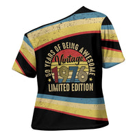 Vintage 1976 Birthday Celebration Cross Shoulder Shirt 50th Birthday for Him - Retro Distressed Stripe Pattern