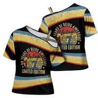 Vintage 1976 Birthday Celebration Cross Shoulder Shirt 50th Birthday for Him - Retro Distressed Stripe Pattern