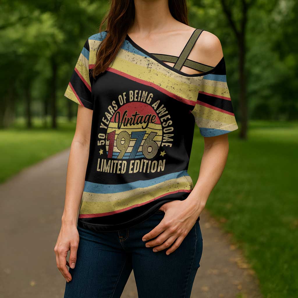 Vintage 1976 Birthday Celebration Cross Shoulder Shirt 50th Birthday for Him - Retro Distressed Stripe Pattern