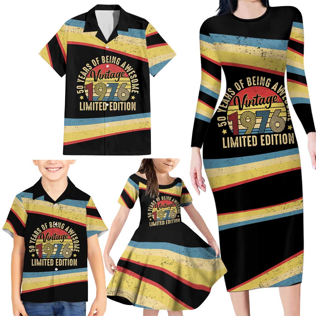 Vintage 1976 Birthday Celebration Family Matching Long Sleeve Bodycon Dress and Hawaiian Shirt 50th Birthday for Him - Retro Distressed Stripe Pattern