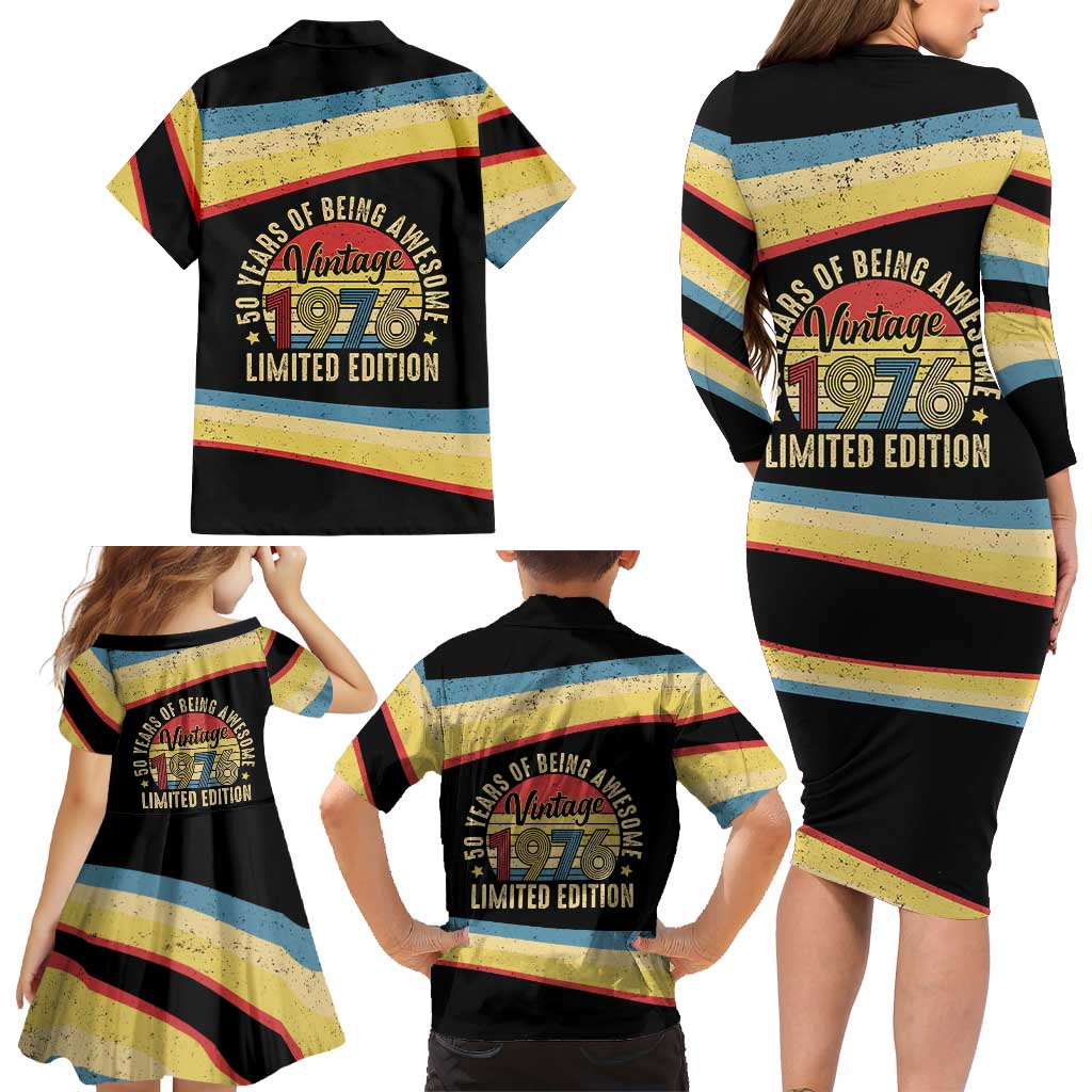 Vintage 1976 Birthday Celebration Family Matching Long Sleeve Bodycon Dress and Hawaiian Shirt 50th Birthday for Him - Retro Distressed Stripe Pattern