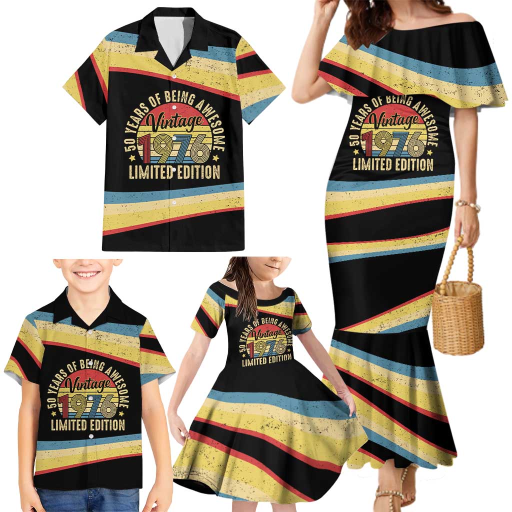 Vintage 1976 Birthday Celebration Family Matching Mermaid Dress and Hawaiian Shirt 50th Birthday for Him - Retro Distressed Stripe Pattern