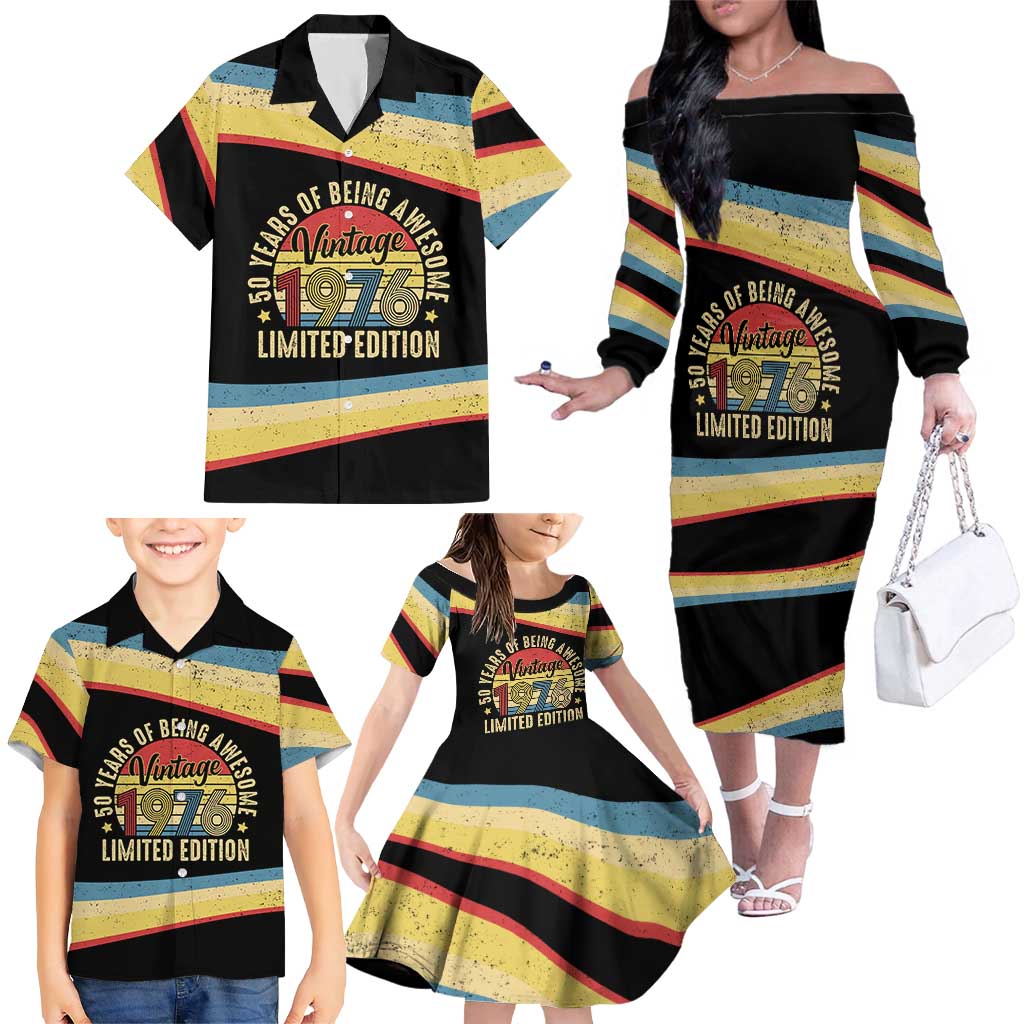 Vintage 1976 Birthday Celebration Family Matching Off The Shoulder Long Sleeve Dress and Hawaiian Shirt 50th Birthday for Him - Retro Distressed Stripe Pattern