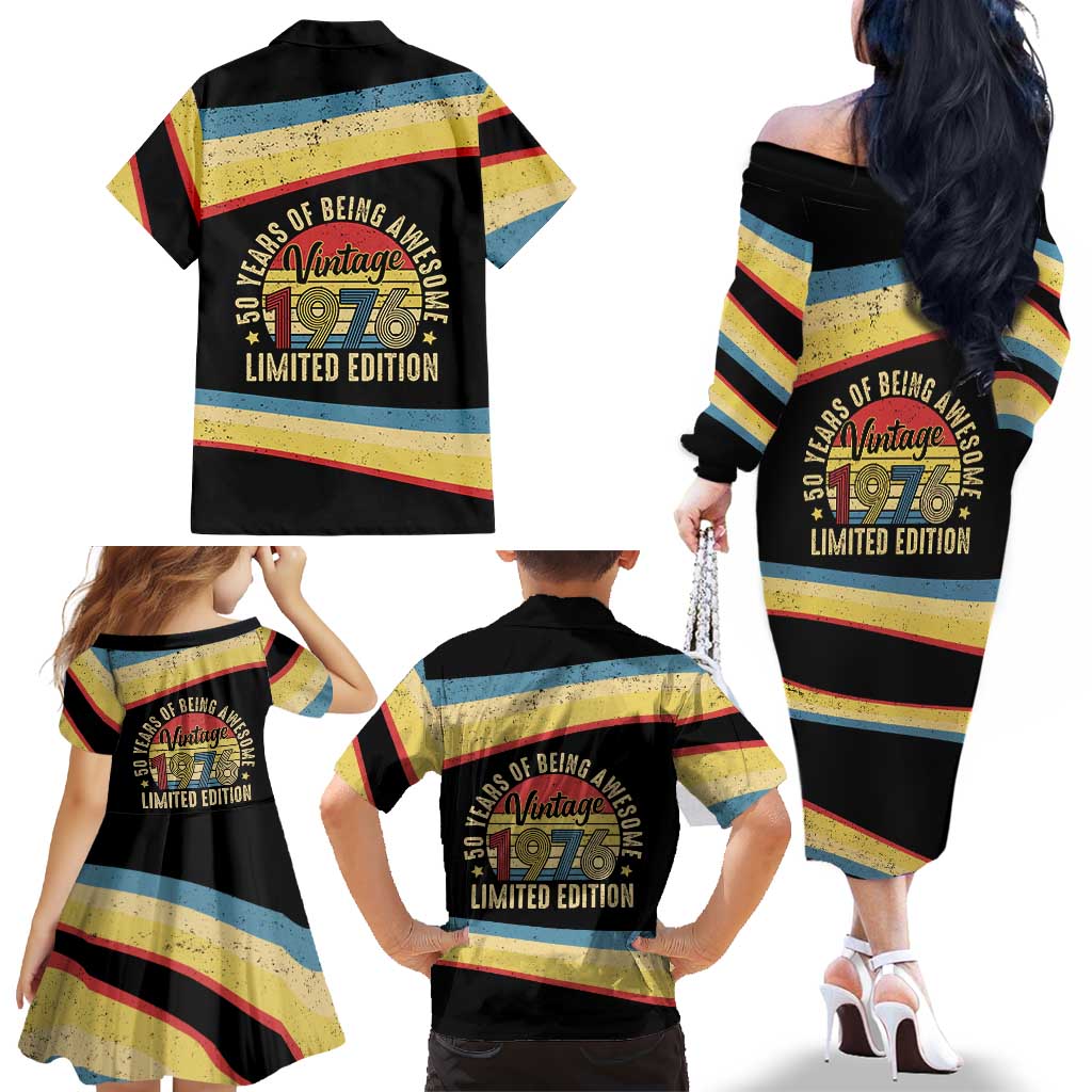 Vintage 1976 Birthday Celebration Family Matching Off The Shoulder Long Sleeve Dress and Hawaiian Shirt 50th Birthday for Him - Retro Distressed Stripe Pattern
