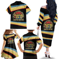 Vintage 1976 Birthday Celebration Family Matching Off The Shoulder Long Sleeve Dress and Hawaiian Shirt 50th Birthday for Him - Retro Distressed Stripe Pattern