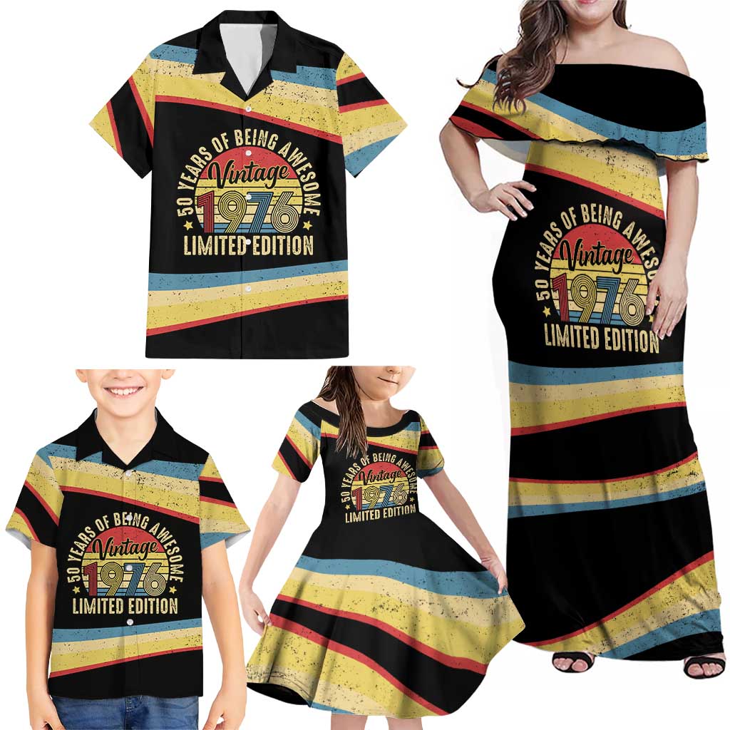 Vintage 1976 Birthday Celebration Family Matching Off Shoulder Maxi Dress and Hawaiian Shirt 50th Birthday for Him - Retro Distressed Stripe Pattern
