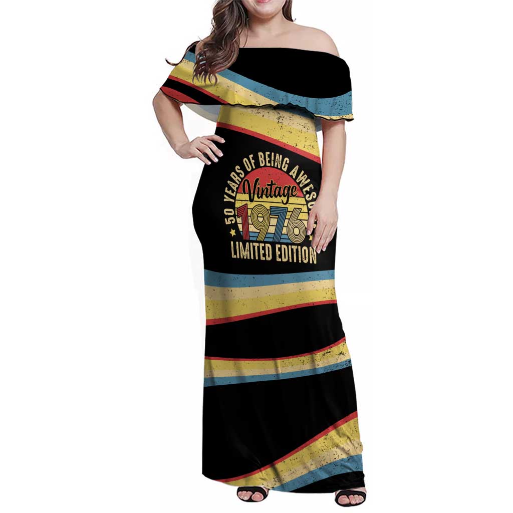 Vintage 1976 Birthday Celebration Family Matching Off Shoulder Maxi Dress and Hawaiian Shirt 50th Birthday for Him - Retro Distressed Stripe Pattern