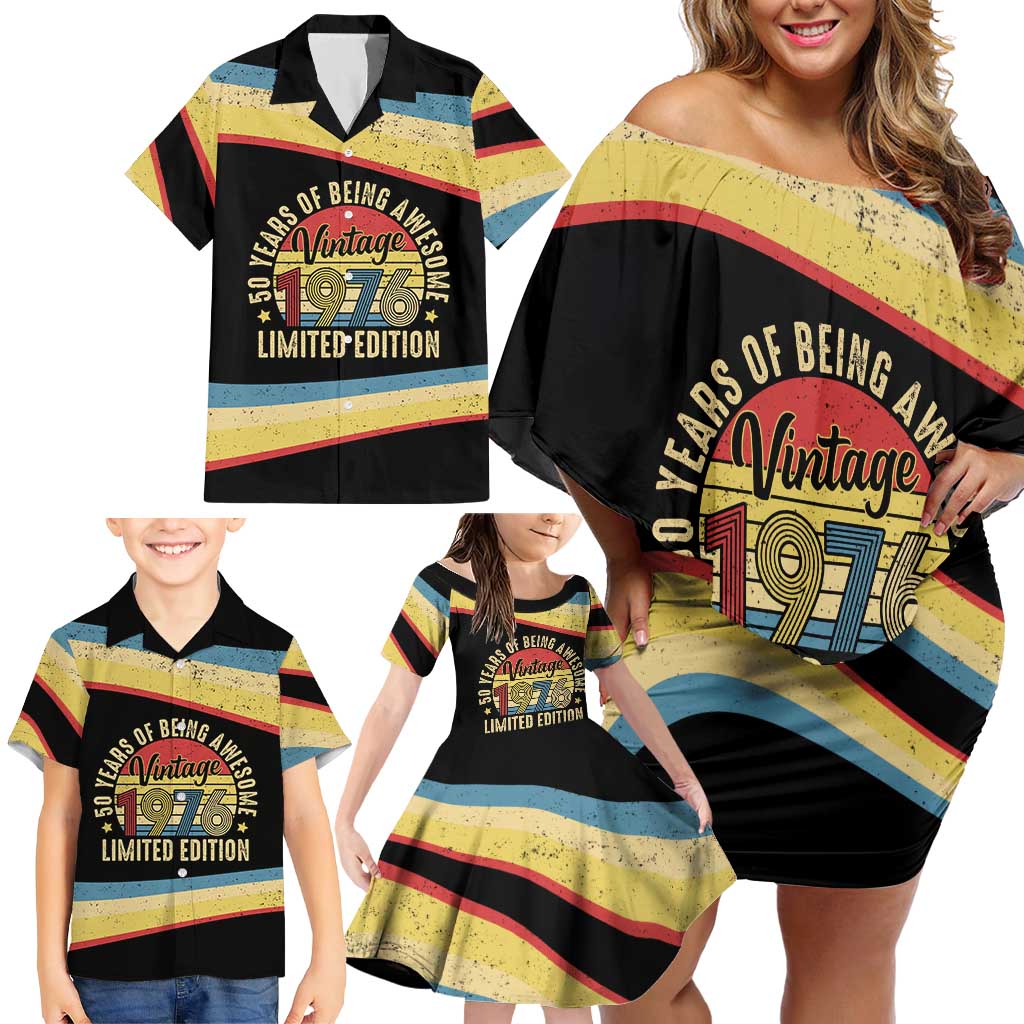 Vintage 1976 Birthday Celebration Family Matching Off Shoulder Short Dress and Hawaiian Shirt 50th Birthday for Him - Retro Distressed Stripe Pattern