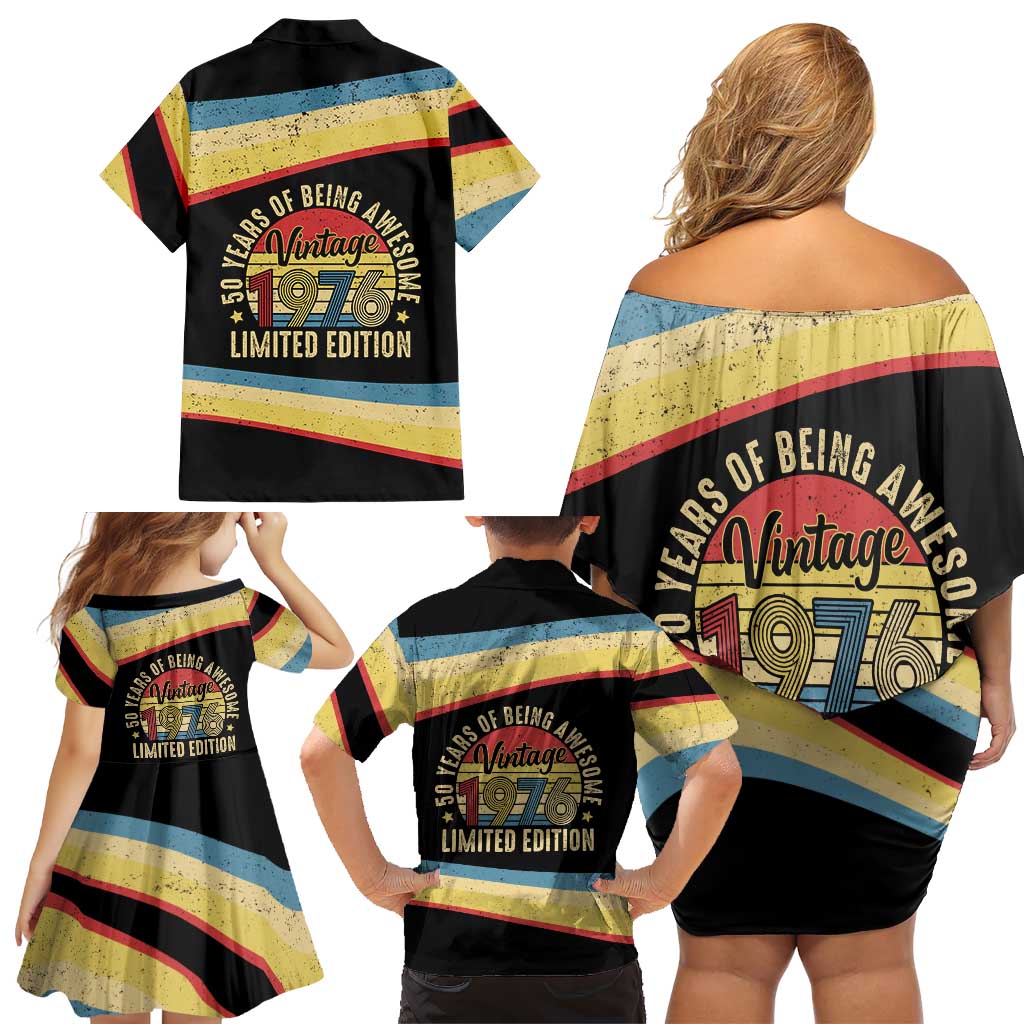Vintage 1976 Birthday Celebration Family Matching Off Shoulder Short Dress and Hawaiian Shirt 50th Birthday for Him - Retro Distressed Stripe Pattern