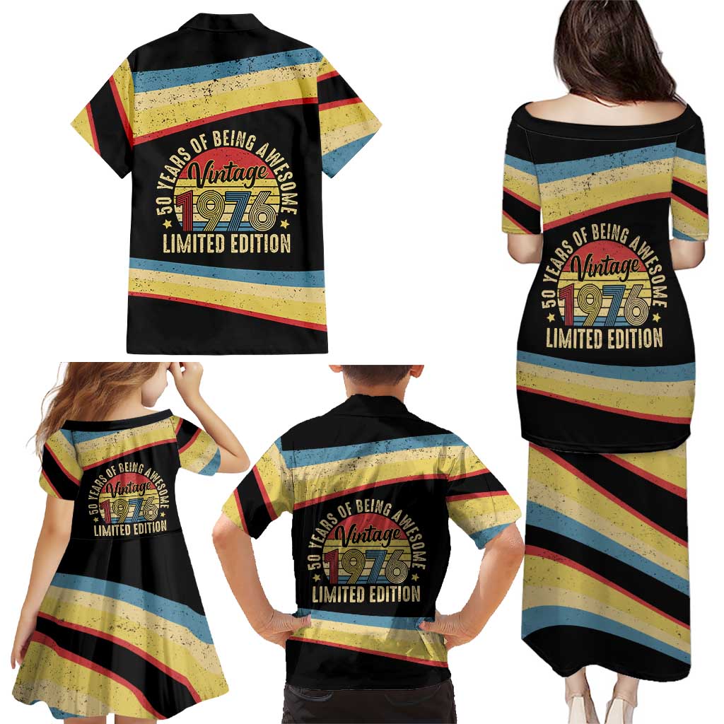 Vintage 1976 Birthday Celebration Family Matching Puletasi and Hawaiian Shirt 50th Birthday for Him - Retro Distressed Stripe Pattern