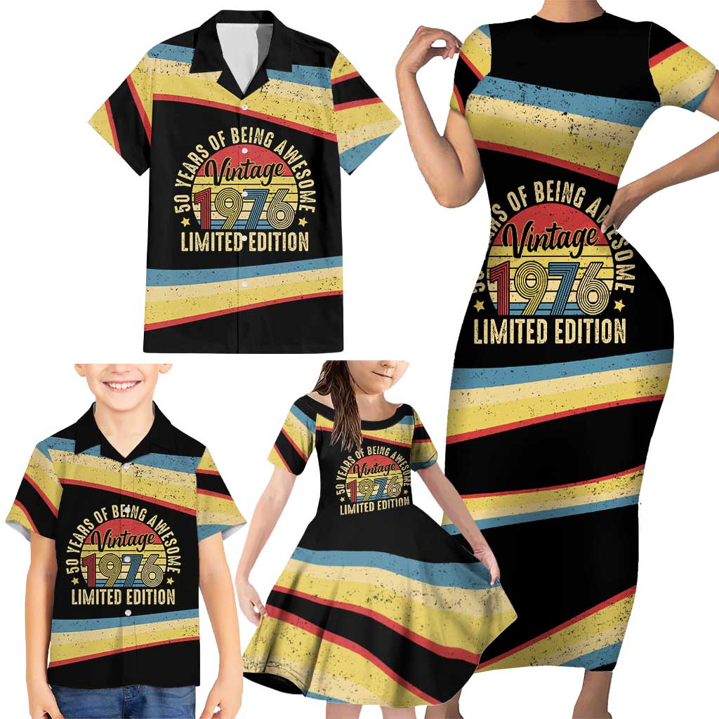 Vintage 1976 Birthday Celebration Family Matching Short Sleeve Bodycon Dress and Hawaiian Shirt 50th Birthday for Him - Retro Distressed Stripe Pattern