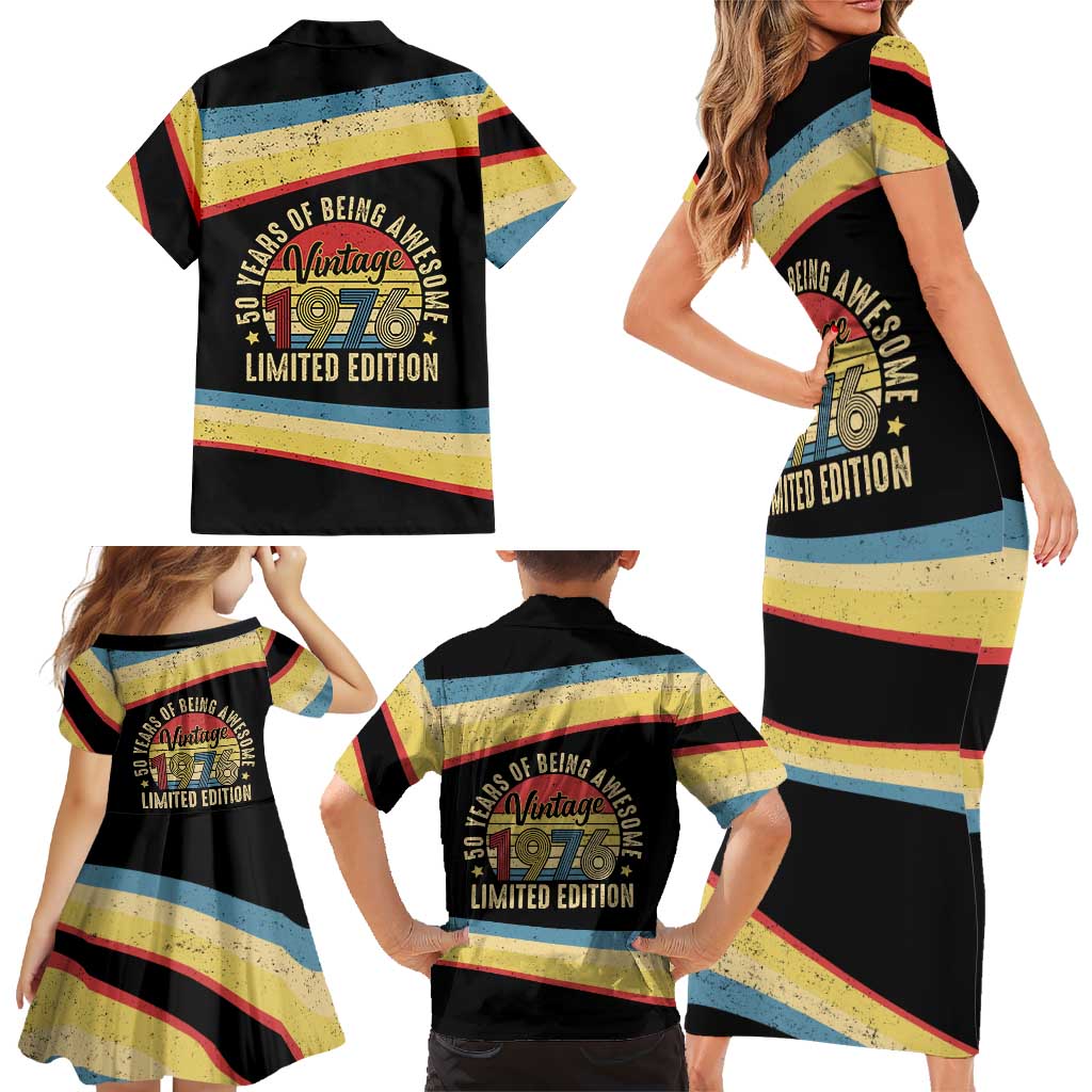 Vintage 1976 Birthday Celebration Family Matching Short Sleeve Bodycon Dress and Hawaiian Shirt 50th Birthday for Him - Retro Distressed Stripe Pattern