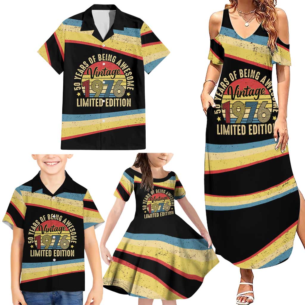 Vintage 1976 Birthday Celebration Family Matching Summer Maxi Dress and Hawaiian Shirt 50th Birthday for Him - Retro Distressed Stripe Pattern