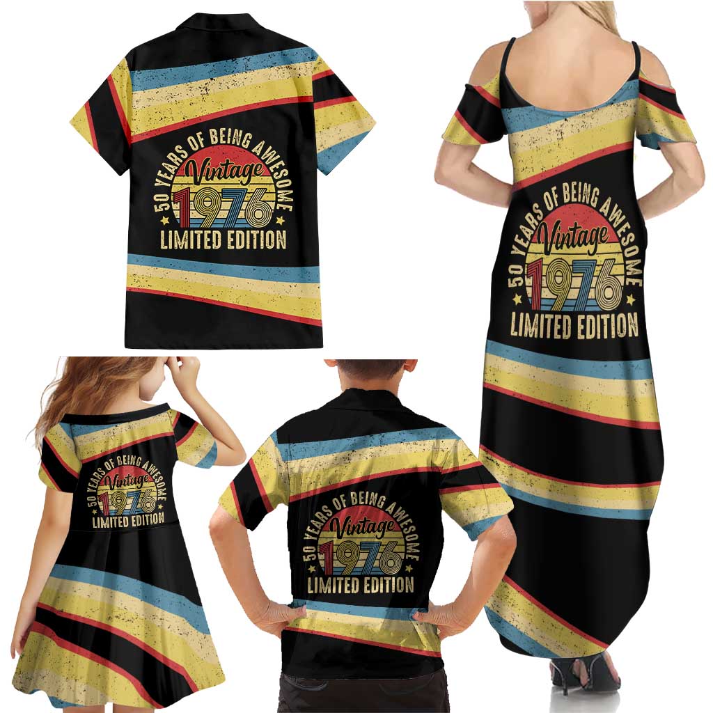 Vintage 1976 Birthday Celebration Family Matching Summer Maxi Dress and Hawaiian Shirt 50th Birthday for Him - Retro Distressed Stripe Pattern