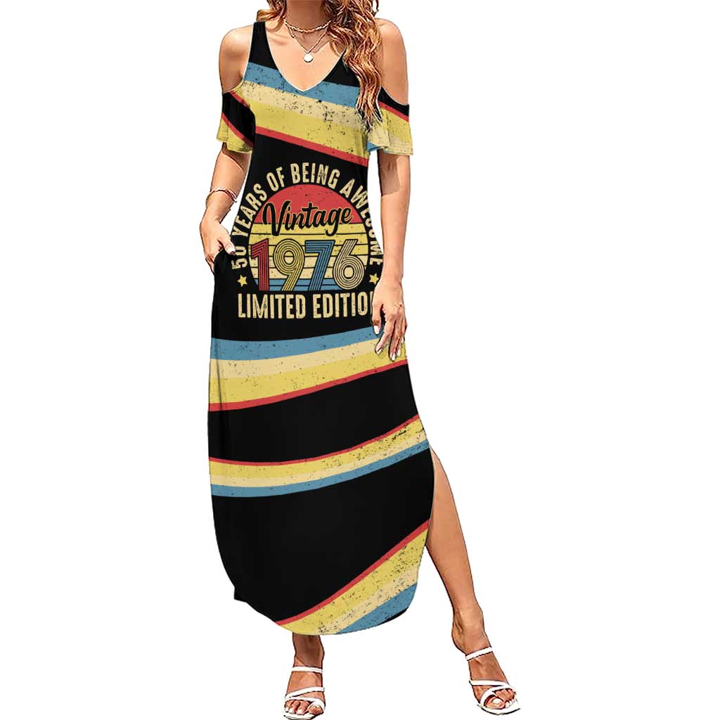 Vintage 1976 Birthday Celebration Family Matching Summer Maxi Dress and Hawaiian Shirt 50th Birthday for Him - Retro Distressed Stripe Pattern