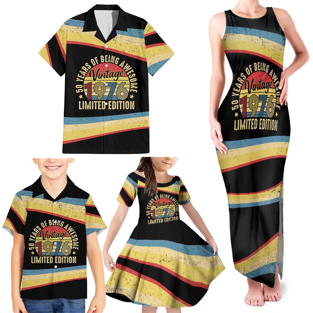 Vintage 1976 Birthday Celebration Family Matching Tank Maxi Dress and Hawaiian Shirt 50th Birthday for Him - Retro Distressed Stripe Pattern
