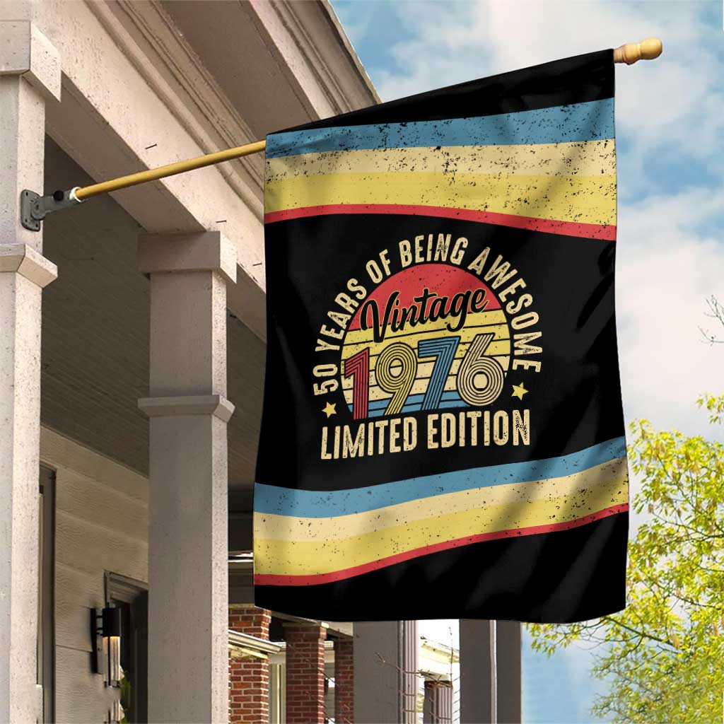 Vintage 1976 Birthday Celebration Garden Flag 50th Birthday for Him - Retro Distressed Stripe Pattern